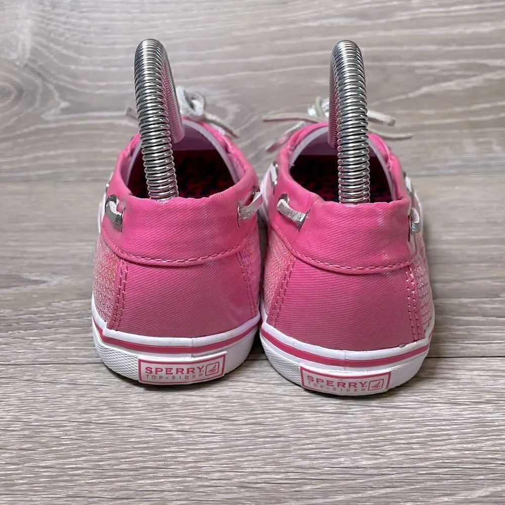 Sperry Top Sider Bahama One Eye Big Girl Sz 5M Pink Sequin Slip On Boat Shoe